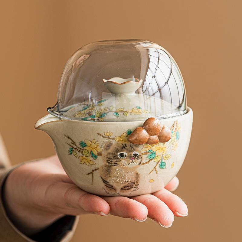 一壶二杯萌猫汝窑手抓壶旅行茶具套装便携式包户外泡茶快客杯