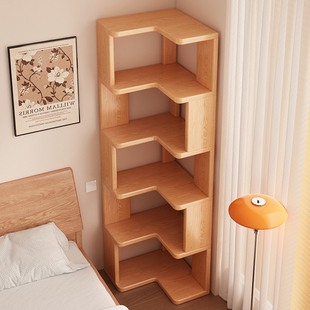 转角实木书架一体靠墙角置物架卧室窄柜客厅拐角落地三角收纳书柜