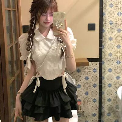 韩系辣妹套装女夏季蝴蝶结绑带收腰白色短袖上衣花边蛋糕裙两件套
