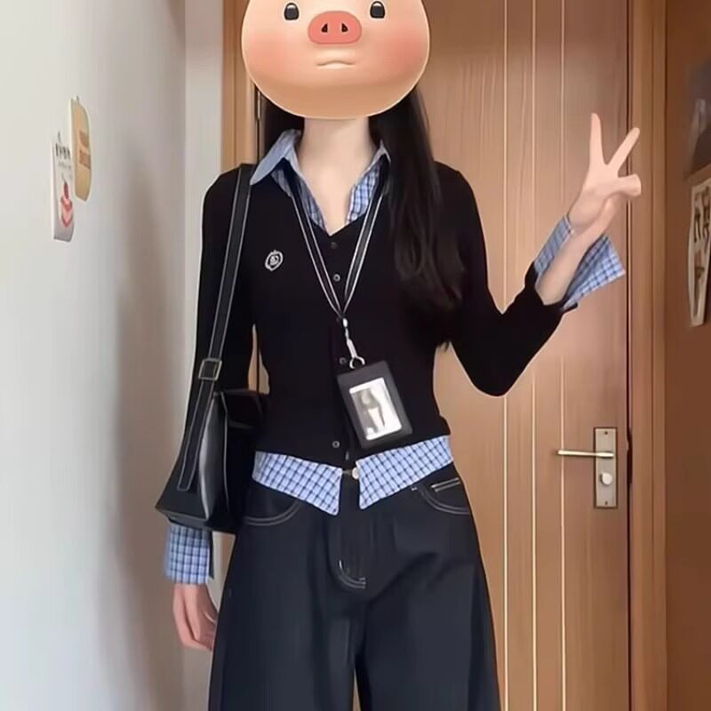 原版做工纯欲风辣妹polo领假两件长袖T恤女韩系穿搭修身上衣