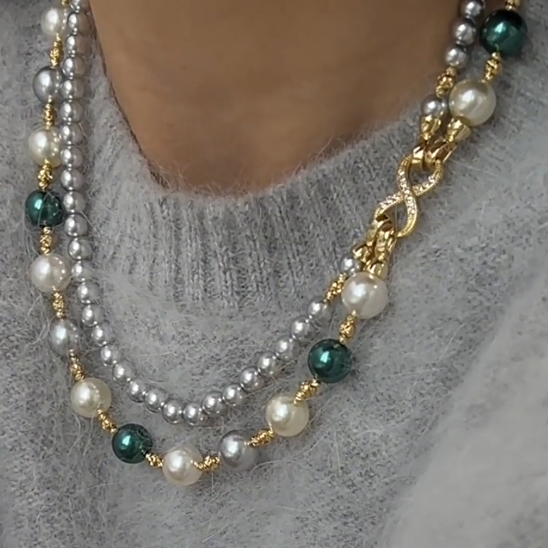 日本品质双层混彩叠戴珍珠项链女轻奢小众高级感锁骨链毛衣链百搭