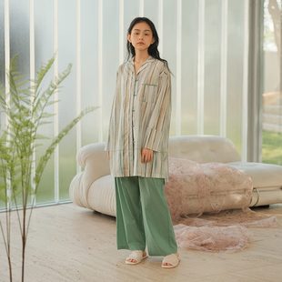 风 季 可春秋条纹中性可家居服女盘扣复古套装 宽松长袖 纯棉朵朵新款