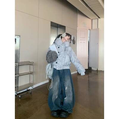 0818很秀美式街头毛领连帽棉服外套女冬季保暖加厚小众派克服棉衣