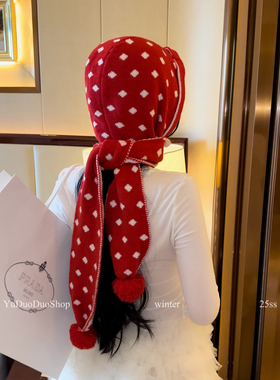 来财红~波点巴拉克拉法帽子女秋冬保暖帽子围巾一体针织连帽围脖