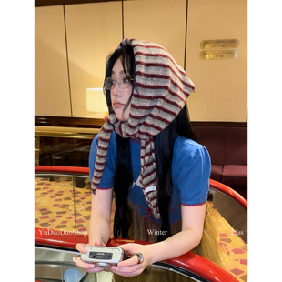 时髦复古针织条纹三角巾围巾女秋冬设计感护耳头巾两用保暖围脖潮