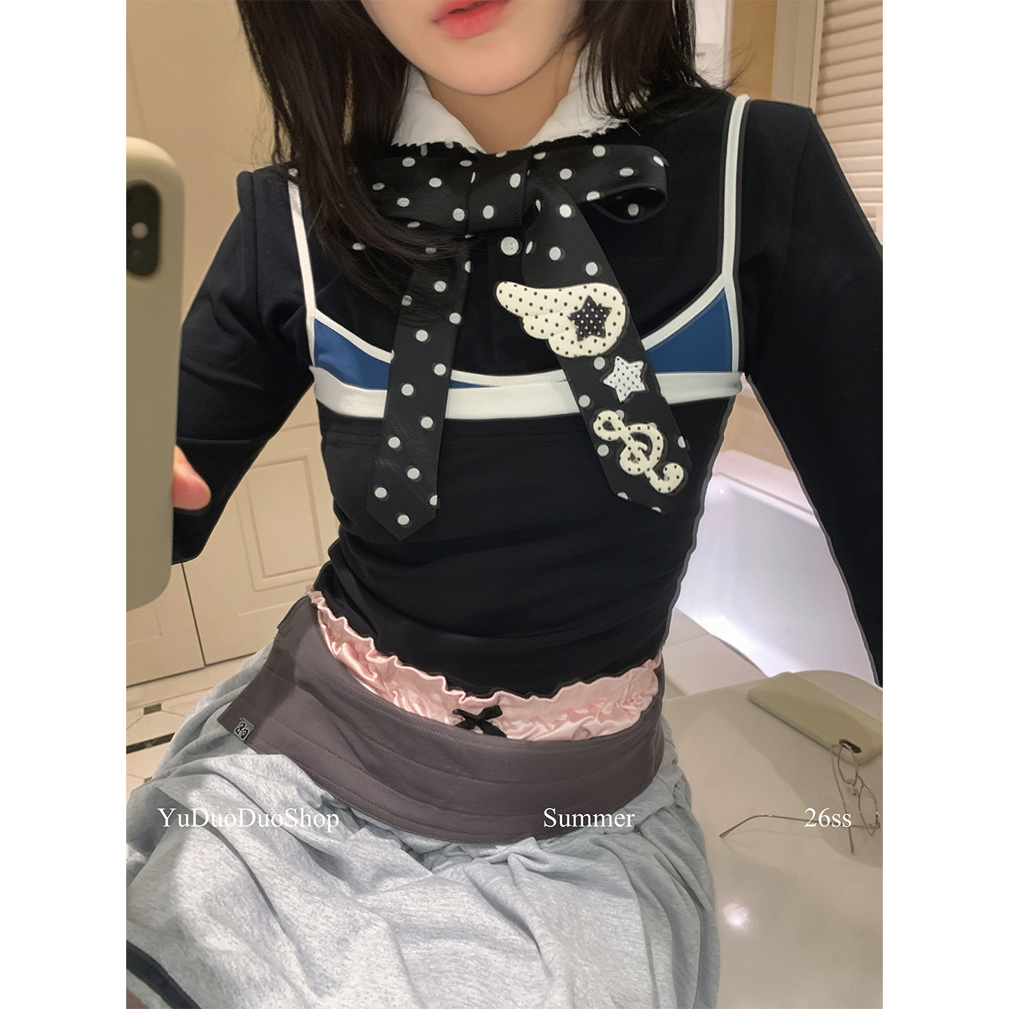 原创diy小众亚文化y2k辣妹波点手打领带女翅膀音符多用途丝巾配饰