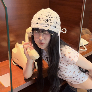韩国ins小众麂皮绒蝴蝶结钩花镂空毛茸包头帽女秋冬马海毛针织帽