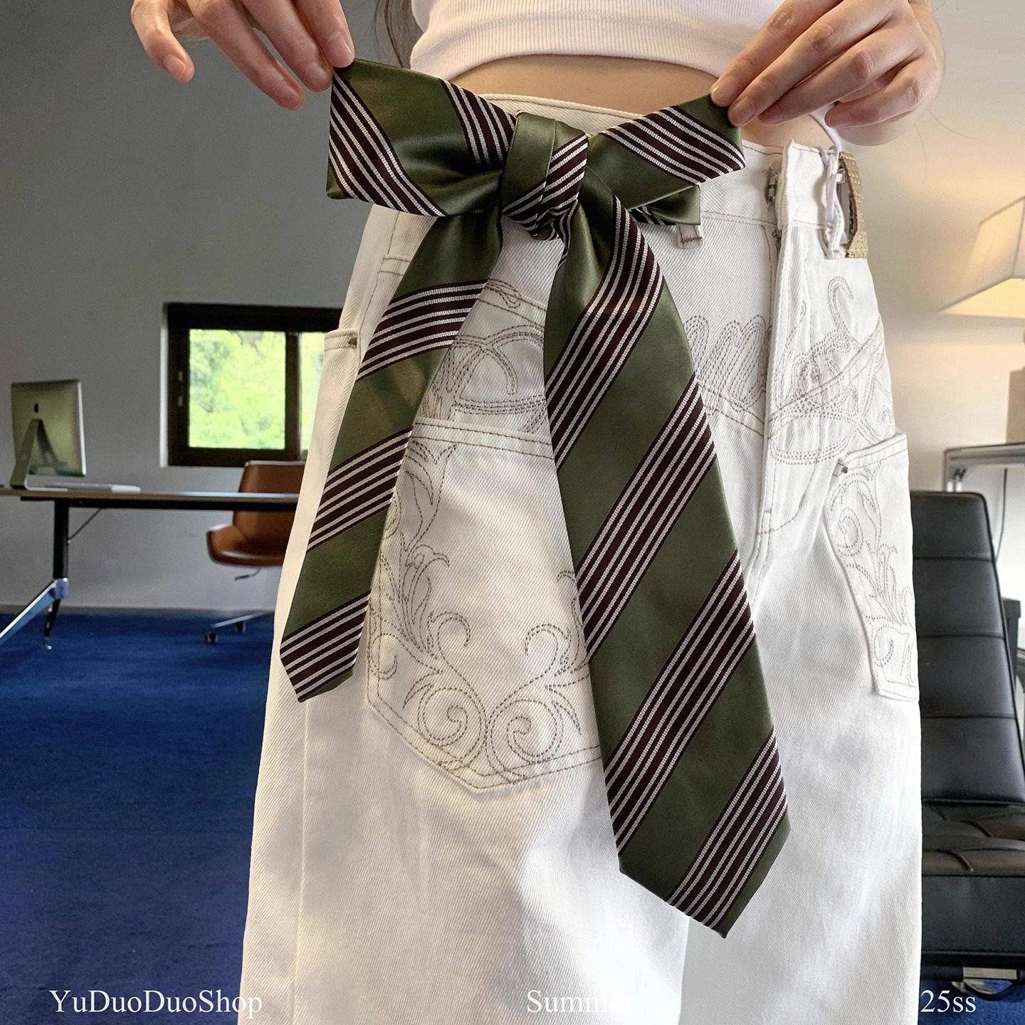 2025新款定制复古雪松绿条纹领带女美式辣妹腰带配饰窄版时髦丝巾,服饰配件/皮带/帽子/围巾,领带,淘宝优惠券,粉丝福利购,淘宝优惠卷