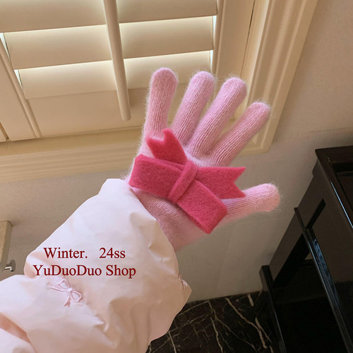 草莓味~马卡龙粉色蝴蝶结手套女