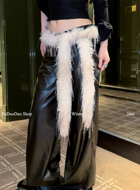 原创自制时髦复古豹纹仿貂毛细围巾女y2k辣妹多功能搭配毛毛腰带