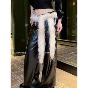 原创自制时髦复古豹纹仿貂毛细围巾女y2k辣妹多功能搭配毛毛腰带