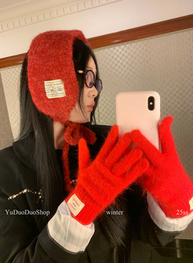 韩系ins圣诞新年红色针织手套女秋冬保暖露指可触屏防寒骑行防寒