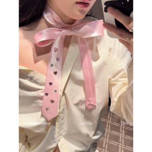 原创个性 甜心粉爱心水钻领带女时髦y2k细窄丝巾亮闪闪辣妹腰带潮