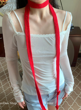 ins秋冬新款马海毛红色花朵长款细围巾女软糯窄版装饰针织小围脖