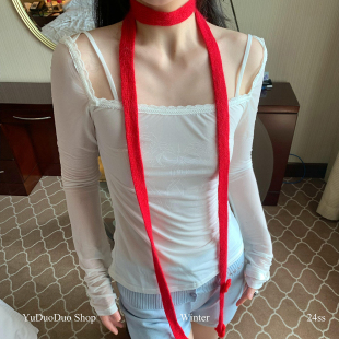 ins秋冬新款马海毛红色花朵长款细围巾女软糯窄版装饰针织小围脖