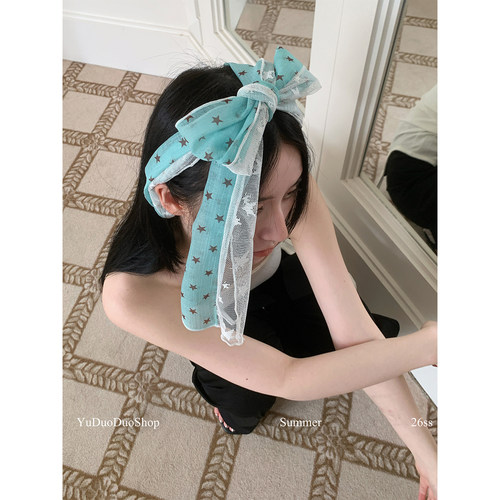 时髦复古薄荷绿星星蕾丝长条丝巾
