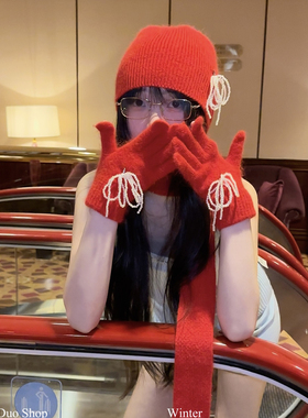 韩国珍珠蝴蝶结红色针织手套女可爱分指可触屏冬季骑行保暖手套女