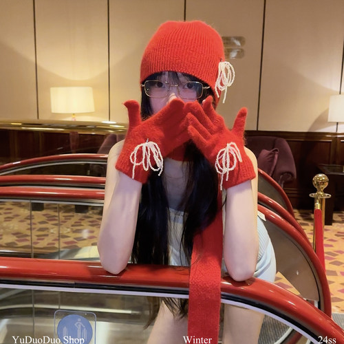 圣诞红色手套蝴蝶结珍珠韩版ins