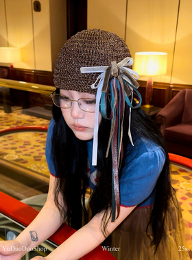 设计感细闪丝带花朵胸针手工镂空包头帽女y2k辣妹冷帽时髦复古帽