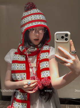 冰岛花毛球护耳毛线帽女复古费尔岛毛球围巾秋冬时髦百搭护颈围脖