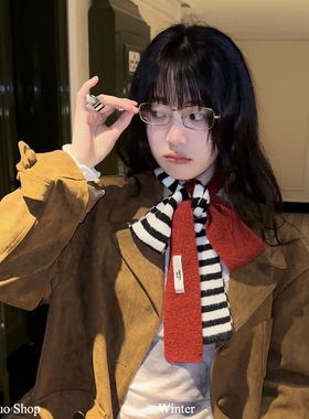 韩版ins拼色条纹细窄围巾女氛围感百搭复古红色圣诞装饰搭配围脖