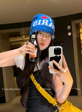 美式复古辣妹爱心字母针织帽女时髦千禧包头冷帽冬季保暖套头帽潮