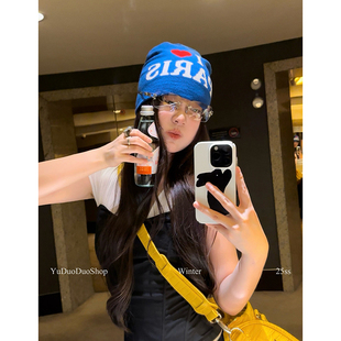 美式复古辣妹爱心字母针织帽女时髦千禧包头冷帽冬季保暖套头帽潮