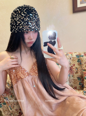 时髦复古镂空包头帽女y2k辣妹黑色亮片手工钩织冷帽春夏套头帽潮