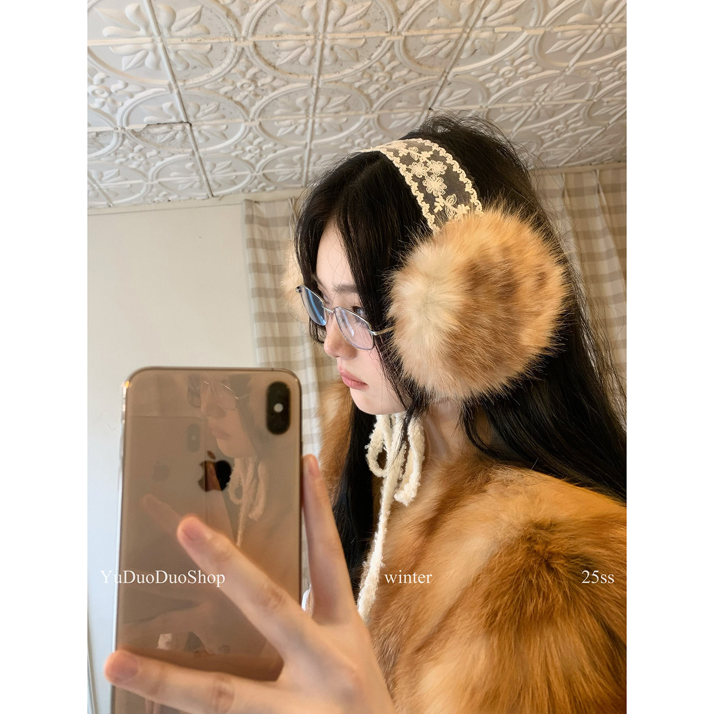 北欧“小鹿斑比”毛绒系带耳罩女秋冬保暖护耳复古蕾丝发带款耳包
