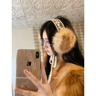 北欧“小鹿斑比”毛绒系带耳罩女秋冬保暖护耳复古蕾丝发带款耳包