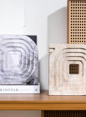 侘寂风大理石环扣几何摆件创意家居样板房酒店黄洞石工艺品摆设品