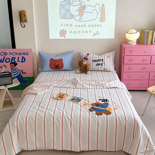 【富士商店】全棉水洗棉毛巾绣夏被床盖四件套春秋被子