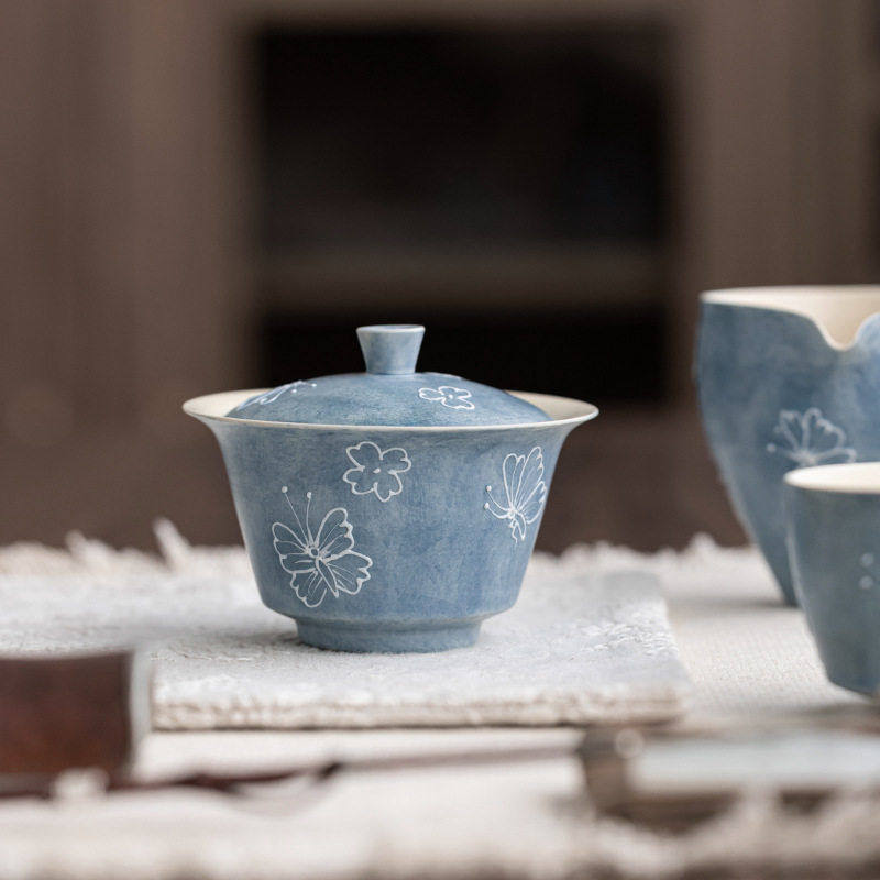 素岚蝶舞陶瓷二才盖碗手绘立体蝴蝶泡茶碗中式家用茶碗茶具不烫手,餐饮具,盖碗,淘宝优惠券,粉丝福利购,淘宝优惠卷