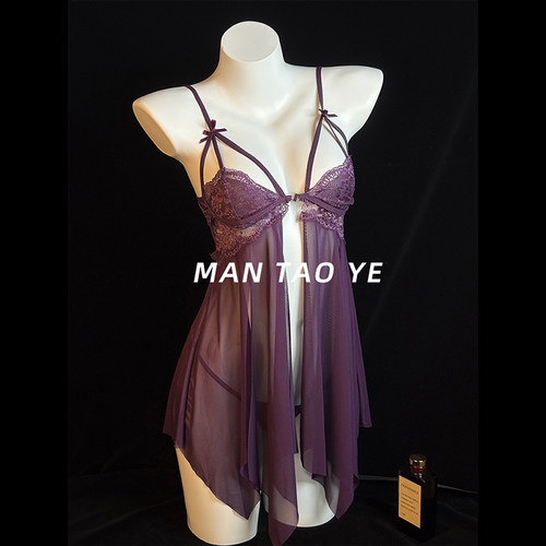 漫桃野「欲感佳人」性感睡衣夏薄透视网纱纯欲前扣无钢圈女睡裙