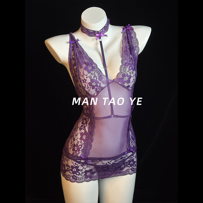 漫桃野「邂逅紫藤」温柔性感蕾丝绑带包臀项圈纯欲高透睡裙柔软