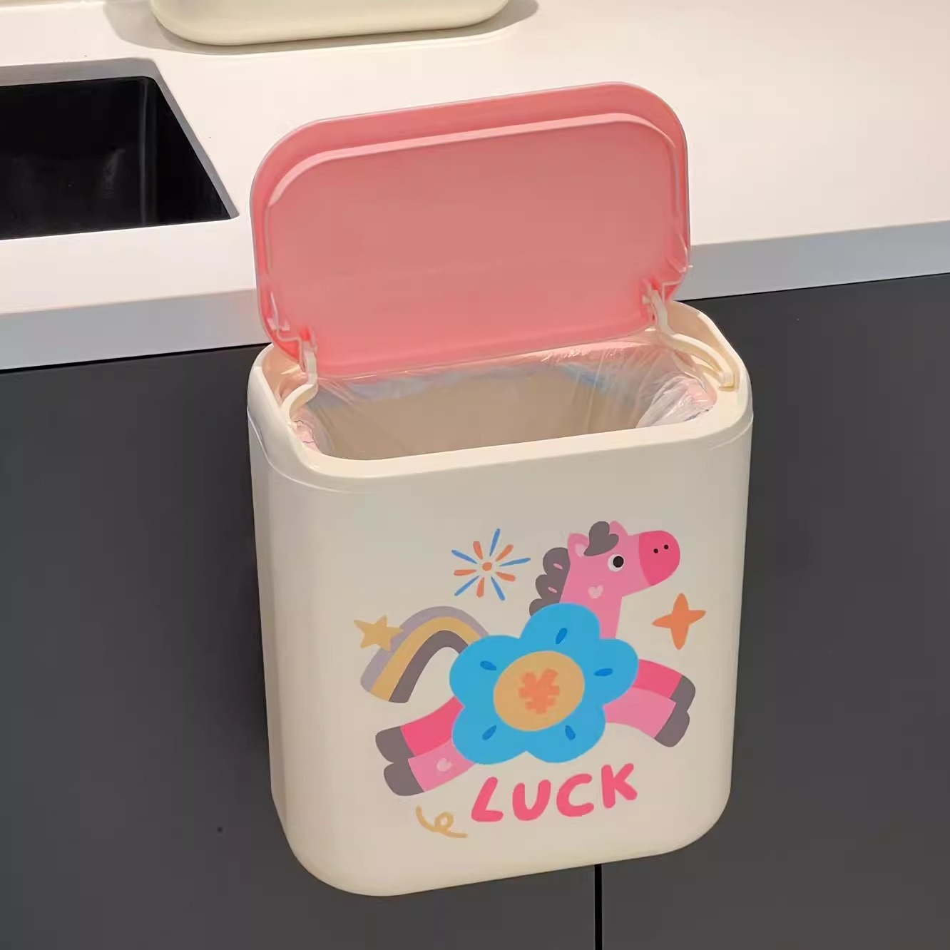 垃圾桶厨房专用壁挂式家用浴室带盖收纳桶卡通马年大容量垃圾纸篓