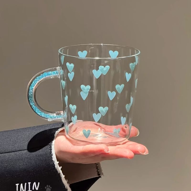 ININ特别好看的杯子爱心杯高硼硅玻璃杯女士高颜值家用耐热钻石杯
