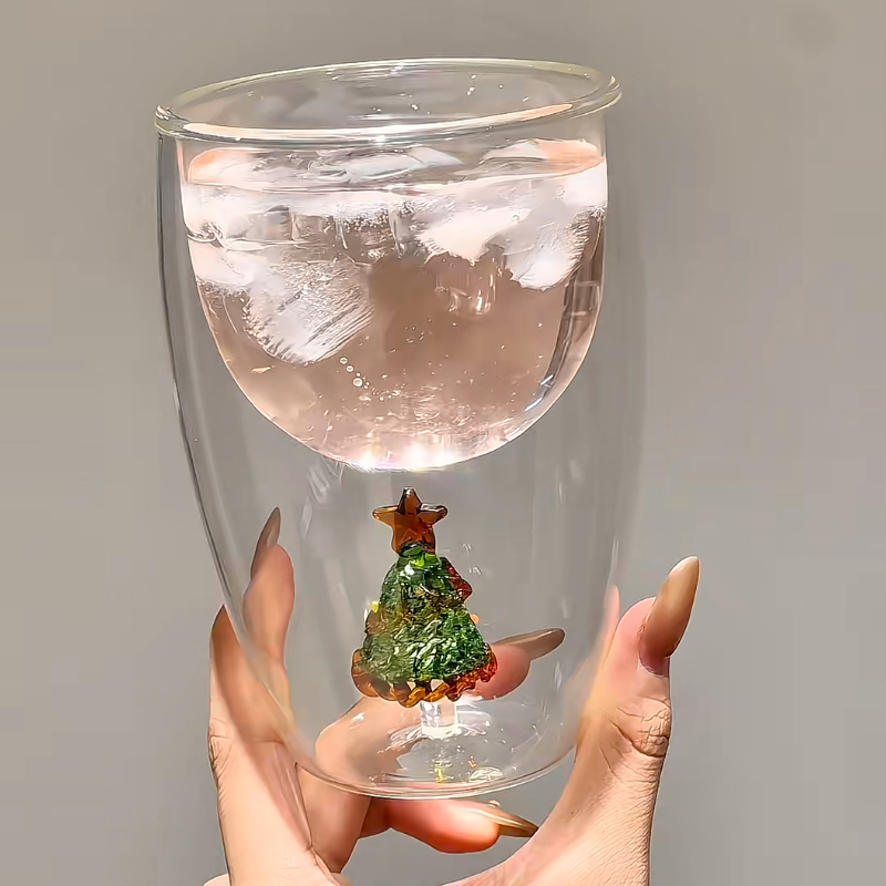 高端双层立体圣诞树樱桃杯玻璃咖啡杯套装玻璃高颜值水杯加厚女杯