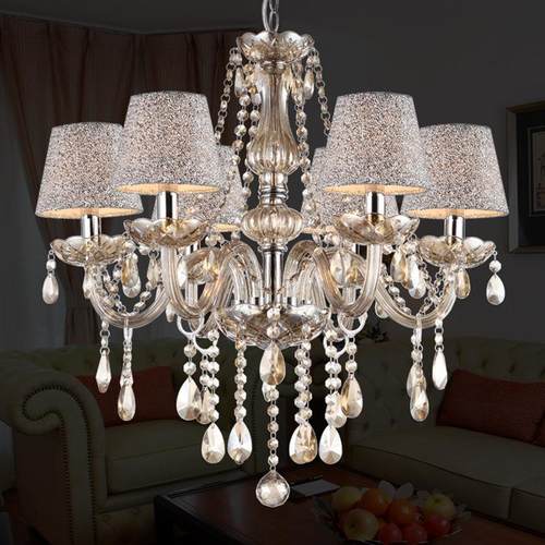 干邑色带灯罩6头水晶吊灯蜡烛灯酒店工程灯客厅餐厅灯楼梯玻璃灯