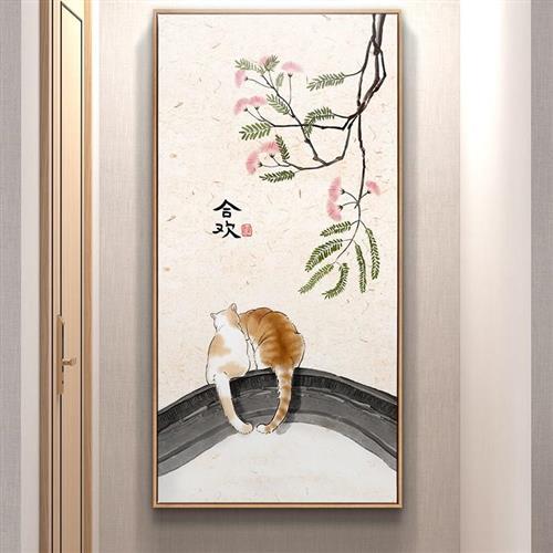 听风禅意新中式佛系猫咪入户进门玄关竖版装饰P画走廊尽头过道挂图片