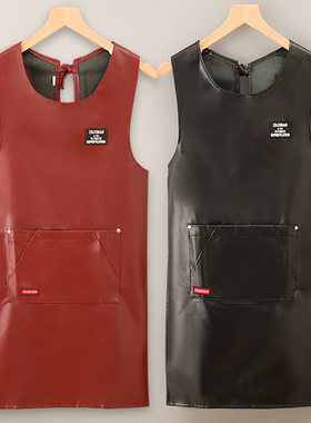 纯色PU防水防油围裙坎肩式软皮免洗厨房做饭餐饮专用工作服围腰男