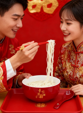 结婚吃面大碗陶瓷红色碗筷陪嫁用品套装喜碗婚礼陶瓷一对婚庆对碗