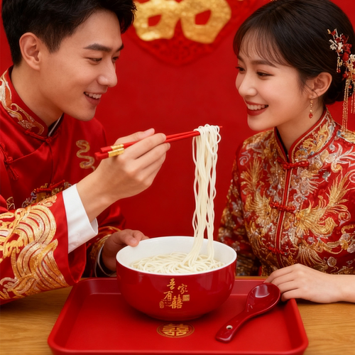 结婚红色陶瓷喜碗对碗筷套装