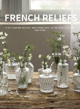 迷你玻璃小花瓶桌面透明法式复古浮雕摆件水培绿植小