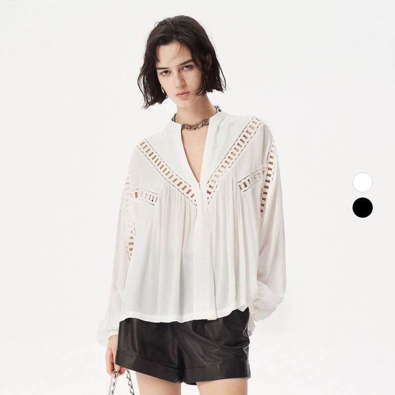IRO Night 2025年秋季灯笼袖深V领轻奢度假镂空衬衫WP16BRENT24W