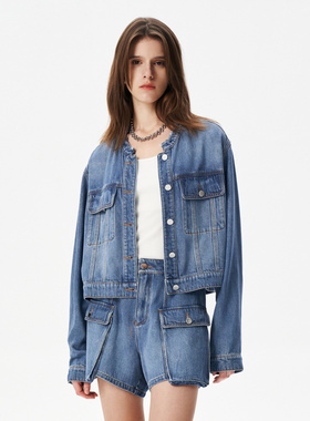 IRO NIGHT 2025年冬季毛须圆领短款莱赛尔牛仔外套IWF352T00900