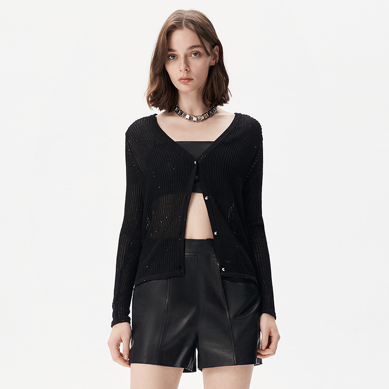 IRO NIGHT 2025年冬季亮片针织开衫黑色微透空调罩衫IWF362M02100