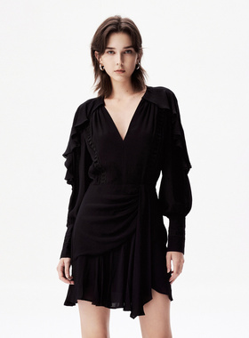 IRO NIGHT 2026年夏季长袖连衣裙褶皱镂空刺绣小黑裙WP33BULLA24W