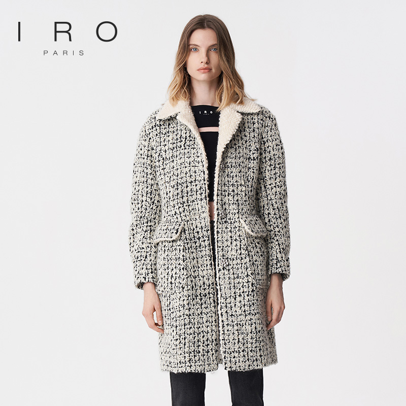 IRO Night 2025年冬季直筒翻领黑白格中长款毛呢外套IWF334D00900