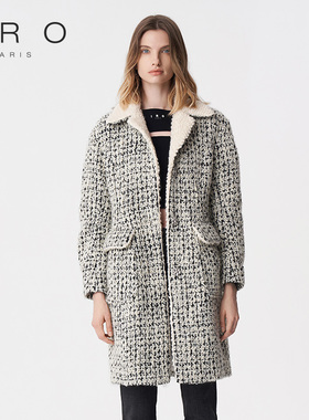 IRO NIGHT 2025年冬季直筒翻领黑白格中长款毛呢外套IWF334D00900